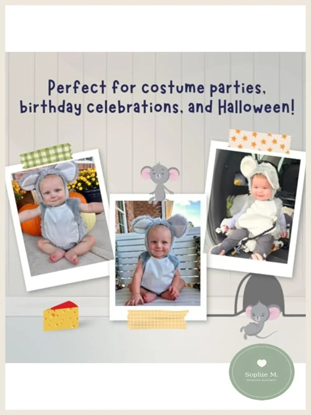 Baby Mouse Costume for Toddlers, Plush Polyester, Velcro Closure, Halloween